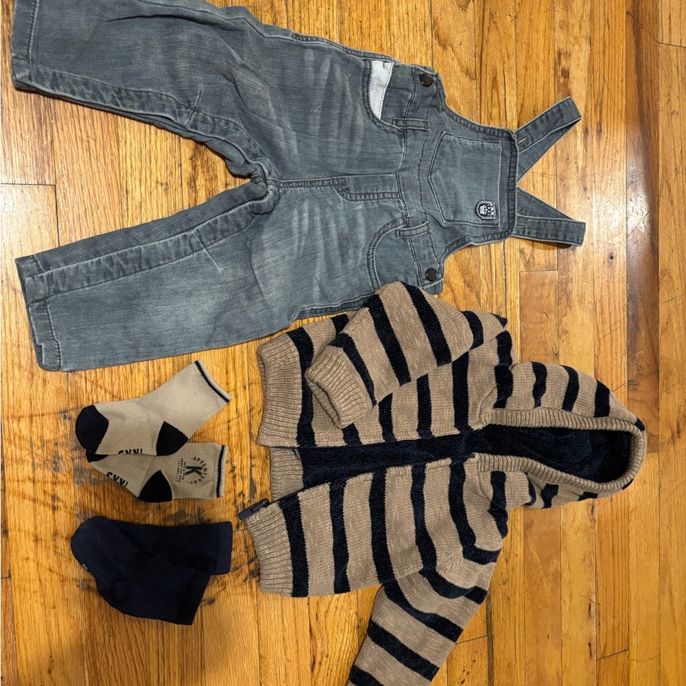 Ikks Striped Sweater and Denim Overalls Set